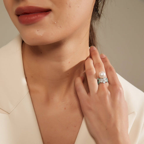 11-12mm Freshwater Pearl & Floral Green CZ Ring - House Of Pearls